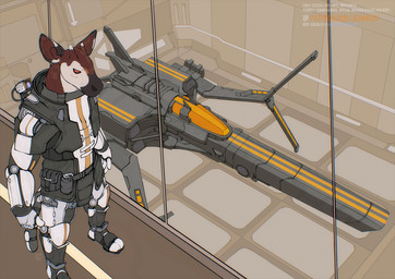 anthro armor detailed_background explosives flight_suit grenade hangar male pilot red_eyes science_fiction solo spacecraft standing text vehicle weapon jeanwoof giraffid mammal okapi 2025 url