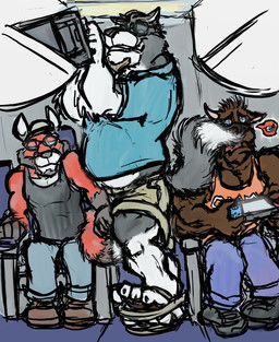 aircraft airplane anthro beard biped black_body black_clothing black_footwear black_fur black_shirt black_shoes black_tank_top black_topwear blue_bottomwear blue_clothing blue_pants blue_shirt blue_topwear bottomwear brown_body brown_clothing brown_footwear brown_fur brown_shoes chair clothed clothed_anthro clothed_male clothing dipstick_tail eyewear facial_hair footwear fur furniture glasses group inside inside_airplane male markings multicolored_body multicolored_fur muscular muscular_anthro muscular_male on_chair orange_clothing orange_shirt orange_tank_top orange_topwear pants red_body red_fur sandals shirt shoes sitting sitting_on_chair smile standing tail tail_markings tail_tickle tank_top teeth tickle_fetish tickling tickling_legs tickling_nose tickling_thighs topwear trio vehicle wearing_glasses white_body white_fur white_tail_tip kctk nintendo nintendo_switch kyle_(kctk) border_collie canid canine canis collie domestic_dog fox herding_dog mammal pastoral_dog sheepdog