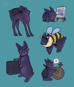 ambiguous_gender apron bee_costume black_cape black_clothing brush cape clothing eyewear feral fur glasses green_background holding_brush holding_object holding_paintbrush holy_hand_grenade_of_antioch necktie paintbrush purple_body purple_fur simple_background smile solo standing taffywabbit monty_python monty_python_and_the_holy_grail lagomorph leporid mammal rabbit 2026 hi_res meme