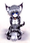 anthro bell bell_collar biped blue_eyes blush breasts claws collar featureless_breasts female fur grey_body grey_fur hair looking_at_viewer nipples nude short_hair sitting solo striped_body striped_fur stripes wariza whiskers white_hair young tetetor-oort karin_(tetetor-oort) domestic_cat felid feline felis mammal 2006