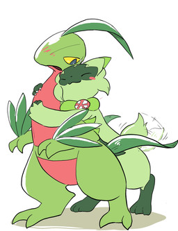 ambiguous_gender anthro blue_eyes blush blush_lines bodily_fluids duo fur green_body green_ears green_fur green_tail hug hugging_another hugging_from_behind red_body sweat sweatdrop tail tail_motion tailwag yellow_sclera 0bon nintendo pokemon floragato generation_3_pokemon generation_9_pokemon grovyle pokemon_(species) 2023 hi_res