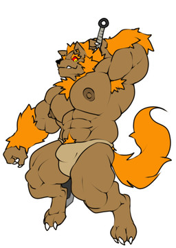 abs anthro big_muscles big_pecs brown_body bulge clothing feet hair male melee_weapon muscular muscular_male nipples orange_armpit_hair orange_hair orange_pubes orange_tail pecs pubes red_sclera simple_background solo sword tail underwear weapon white_background yellow_eyes x-monic mythology canid canine mammal mythological_canine mythological_creature werecanid werecanine werecreature werewolf 2025 hi_res