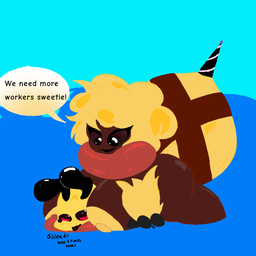 anguish antennae_(anatomy) anthro arthropod_abdomen big_breasts big_butt blonde_hair breasts breed butt doggystyle duo female female_penetrating female_penetrating_male from_behind_position fur hair lying male male/female male_penetrated neck_tuft penetration reverse_mating_press sex size_difference stinger text thick_thighs tuft yellow_body yellow_fur abyss_arts arthropod bee hymenopteran insect queen_bee 1:1 english_text hi_res