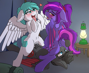 ahegao black_hair blue_eyes blue_hair blush bodily_fluids cheek_tuft chest_tuft cowgirl_position cum cum_in_vagina cum_inside cunnilingus facesitting facial_tuft feathered_wings feathers female female_on_top feral feral_on_feral from_front_position genital_fluids genitals group group_sex hair hand_on_butt hand_on_leg hand_on_thigh heart_symbol horn inside lamp lantern looking_back looking_pleasured lying male male/female male_penetrating membrane_(anatomy) membranous_wings multicolored_hair on_back on_bottom on_top open_mouth oral penetration penis ponytail red_eyes saliva saliva_string sex sitting_on_another straddling tent threesome tongue tongue_out triangle_position trio tuft two_tone_hair vaginal vaginal_fluids vaginal_penetration vulva wings glue_(artist) hasbro my_little_pony mythology bat_pony equid equine mammal mythological_creature mythological_equine pegasus winged_unicorn hi_res