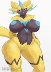 anthro areola big_breasts blue_areola blue_eyes blue_nipples blush bodily_fluids breasts female huge_breasts looking_at_viewer multicolored_body navel nipples nude pupils solo sweat b_inteligence nintendo pokemon generation_7_pokemon legendary_pokemon pokemon_(species) zeraora hi_res