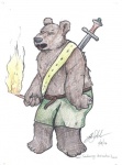 alin_raven bear bottomwear brown_bear brown_body brown_fur clothed clothing crayon_(artwork) english_text fur green_bottomwear green_clothing grizzly_bear holding_object holding_torch male mammal melee_weapon mixed_media pen_(artwork) shorts slightly_chubby solo sword text topless torch traditional_media_(artwork) ursine weapon