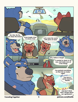 air_freshener anthro band-aid bandage blue_body blue_fur car car_seat clothed clothed_anthro clothing comic_panel dialogue driving duo duo_in_panel eyebrow_piercing eyebrows facial_piercing fur inside_car inside_vehicle multicolored_body multicolored_fur music musical_note musical_symbol name_in_dialogue orange_body orange_fur piercing raised_eyebrow relaxed_expression singing smile smiling_at_another smiling_at_each_other speech_bubble symbol teeth teeth_showing text vehicle window statiik_(artist) arty_(statiik) marty_(statiik) bear gulonine mammal marten mustelid musteline pine_marten ursine absurd_res comic english_text hi_res url