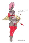 anthro blush bottom_heavy bow_(weapon) buckteeth clothing dialogue eyelashes feathered_wings feathers female flat_chested front_view heart_eyes heart_pasties heart_symbol holding_arrow holding_bow_(weapon) holding_object holding_ranged_weapon holding_weapon legwear maebari mostly_nude nipple_outline open_mouth open_smile pasties pink_bow pink_clothing pink_legwear pink_nose pink_thigh_highs purple_eyes ranged_weapon simple_background smile solo talking_to_viewer teeth text thick_thighs thigh_highs thigh_highs_only weapon white_background wide_hips wings yellow_body yellow_feathers necroeddie disney zootopia cupid judy_hopps lagomorph leporid mammal rabbit 2:3 hi_res