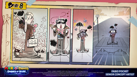 4_panel_comic ambiguous_anthro ambiguous_gender anthro black_clothing black_eyewear black_glasses black_hat black_headwear blue_bottomwear blue_clothing blue_pants bodily_fluids bottomwear bow_tie bowler_hat brown_trenchcoat buckteeth clothed clothed_anthro clothed_male clothing cloud copyright_symbol crowd derp_eyes detailed_background directional_arrow disguise dust_cloud ears_down eyes_closed eyewear forest frowning_at_viewer fur glasses grass group hair hat headgear headwear holding_object holding_suitcase holding_umbrella larger_male long_ears looking_at_viewer looking_up male male_anthro mitten_hands motion_lines noseless nude_ambiguous nude_anthro number on_stage open_mouth outside panicking pants pennant_banner pink_tongue pivoted_ears plant pole question_mark red_bow_tie red_tongue size_difference smaller_ambiguous stage standing stilts sweat sweatdrop symbol tan_body tan_inner_ear tan_skin tape teeth text title tongue tree umbrella white_body white_fur white_hair wide_eyed worried_look year fabio_pochet mario_bros mario_plus_rabbids_sparks_of_hope nintendo raving_rabbids rayman_(series) ubisoft t.s._woodrow lagomorph mammal rabbid 16:9 2022 4k absurd_res artist_name colored comic crossover digital_drawing_(artwork) digital_media_(artwork) english_description english_text hi_res official_art shaded widescreen