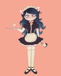 anthro beverage blush border bow_tie cleaning_tool clothing exclamation_point feather_duster female maid_apron maid_uniform orange_border solo uniform arkeus cartoon_hangover the_summoning claire_(the_summoning) domestic_cat felid feline felis mammal 2020 4:5 hi_res