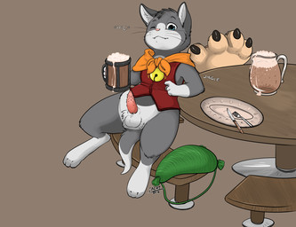 alcohol animal_genitalia animal_penis anthro beer beverage biped black_whiskers bottomless clothed clothing container cup drunk erection feline_genitalia feline_penis fur furniture genitals grey_body grey_fur holding_container holding_cup holding_object male one_eye_closed penile_spines penis reclining sheath sheathed_tapering_penis simple_background sitting solo sound_effects substance_intoxication table tankard tapering_penis whiskers white_body white_fur wink benji_(artist) capcom monster_hunter naki_(character) felid felyne lynian mammal signature