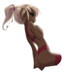 blonde_hair brown_body brown_skin butt clothing covering covering_self female green_eyes hair hand_on_chest lingerie looking_at_viewer looking_back looking_back_at_viewer ponytail red_straps side_view solo straps ivory-raven licheart guild_wars yenna asura humanoid 2022 colored_sketch hi_res sketch