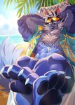 abs anthro beach biceps blue_body blue_fur body_hair chest_hair claws countershading eyewear feet fur grin hammock hands_behind_head hindpaw male muscular muscular_anthro muscular_male nipples palm_tree paws pecs plant reclining seaside smile solo sunglasses tongue tongue_out tree takemoto_arashi lifewonders tokyo_afterschool_summoners tindalos_(tas) canid canine canis mammal wolf absurd_res hi_res signature