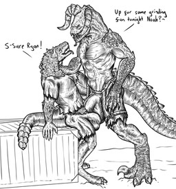 abs anthro balls belt big_balls big_bulge big_penis big_tail bottomwear bulge bulge_frottage bulge_rubbing butt claws clothed clothing detailed_bulge duo flirting frottage genitals gesture hand_on_neck huge_balls huge_bulge huge_penis inviting inviting_to_sex leaning legs_up male male/male muscular noah_(alexisthecatgirl) offering_sex offering_to_another pecs penile penis penises_touching pose revealing_outfit ryan_(alexisthecatgirl) scales seductive sex shirt shorts skimpy spread_legs spreading suggestive suggestive_gesture tail teasing text thick_tail tight_bottomwear tight_bulges tight_clothing tight_shorts tight_underwear topless topwear underwear conditional_dnp samagthrav2 fallout microsoft deathclaw night_stalker_(fallout) scalie absurd_res detailed english_text hi_res monochrome pinup