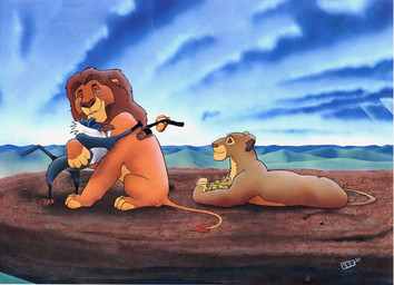 brown_body brown_fur ear_tuft feral fur hug hugging_another mane neonate orange_body orange_fur red_mane rock tuft young unicorn_(artist) disney the_lion_king nala_(the_lion_king) rafiki simba_(the_lion_king) felid haplorhine lion mammal mandrill monkey old_world_monkey pantherine primate 1997 tagme