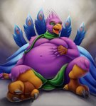 3_toes 5_fingers anthro avian_feet beak belly belly_rub big_belly claws cuddling feathers feet fingers macro male multicolored_body multicolored_feathers navel non-mammal_navel open_beak open_mouth overweight overweight_anthro overweight_male reward scarf solo tail tail_feathers toes yellow_beak noblewolfa avian bird galliform peafowl phasianid digital_drawing_(artwork) digital_media_(artwork)