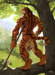 alien animorphs anthro black_pawpads bottomwear clothing digitigrade dreamscape felid forest fur harimau_pasir hi_res holding_melee_weapon holding_object holding_polearm holding_spear holding_weapon host loincloth looking_at_viewer looking_back looking_back_at_viewer male male_anthro mammal melee_weapon pantherine pawpads plant polearm solo spear standing striped_body striped_fur stripes tiger tree tribal weapon whiskers yeerk yellow_eyes zephyxus