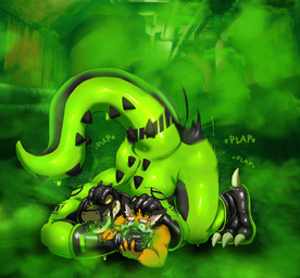 anal anthro biped black_body black_bodysuit black_clothing black_ears black_fur black_skinsuit bodily_fluids bodysuit boots claws clothed clothing crying evil_grin fart fart_cloud fart_fetish footwear fur gloves green_body green_clothing green_fart_cloud green_gas green_skinsuit handwear latex latex_boots latex_clothing latex_footwear latex_gloves latex_handwear latex_skinsuit male male/male male_penetrated male_penetrating male_penetrating_male onomatopoeia orange_body orange_fur penetration sex shoes size_difference skinsuit smelly smile sound_effects spikes spikes_(anatomy) tears teeth text tight_clothing tongue tongue_out kemonoharu gear_corp buu_(kemonoharu) lico_utari_(character) canid canine crocodile crocodilian fox mammal reptile scalie 2025 digital_media_(artwork) hi_res