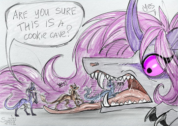 claws dialogue fangs female feral fluffy fur fya holidays horn open_mouth paws silly size_difference teeth tongue tongue_out vore sunny_way april_fools'_day ki'rinaes hi_res