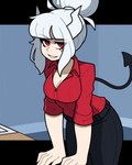 :3 big_breasts black_bottomwear black_clothing black_pants bottomwear breast_expansion breasts clothing expansion female hair horn huge_breasts pants red_clothing red_eyes red_shirt red_topwear shirt smile smiling_at_viewer solo tail tail_motion tailwag topwear white_hair white_horn muds helltaker lucifer_(helltaker) demon demon_humanoid horned_humanoid humanoid animated