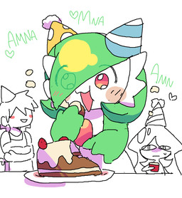 blush cake clothing dessert eating eating_food female food group hair hair_over_eye hat headgear headwear male open_mouth party_hat simple_background trio white_background melfunnysmell nintendo pokemon gaba_(melfunnysmell) hatta_(melfunnysmell) gardevoir generation_3_pokemon generation_8_pokemon hatterene human humanoid mammal pokemon_(species) hi_res