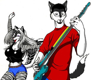 anthro bass_guitar belt big_breasts bottomwear breasts cleavage clothed clothing dancing denim denim_clothing duo eyewear female glasses guitar male midriff musical_instrument playing_guitar playing_music plucked_string_instrument red_tongue shorts simple_background string_instrument tail tongue white_background wide_hips jay_malamute max_blackrabbit jay_(jay_malamute) zig_zag alaskan_malamute canid canine canis domestic_dog mammal mephitid nordic_sled_dog skunk spitz digital_media_(artwork)