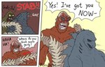 attack bald blood bodily_fluids empty_eyes feral group male shedding shedding_skin sound_effects speech_bubble text trio whip ruubeszdraws godzilla_(series) monsterverse toho godzilla king_kong skar_king mammal primate english_text hi_res