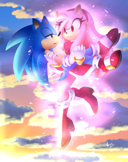 accessory anthro blue_body blue_fur blue_hair bracelet clothed clothing cloud dress duo female footwear fur green_eyes hair hair_accessory hairband half-closed_eyes jewelry long_hair male narrowed_eyes outside pink_body pink_fur pink_hair red_eyes shoes sunset thin_calves thin_legs thin_thighs myly14 sega sonic_the_hedgehog_(series) amy_rose sonic_the_hedgehog super_amy_rose eulipotyphlan hedgehog mammal 2017 hi_res signature