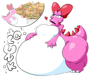 anthro belly big_belly bow_ribbon breasts burger eating eyelashes female food heart_symbol hot_dog huge_belly hyper hyper_belly meat overweight pastry pie pink_body ring_(jewelry) simple_background solo sound_effects stuffing white_background blahblah866 mario_bros nintendo birdo_(character) birdo 2025 digital_media_(artwork)