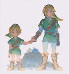 blue_eyes boots clothing duo footwear grass hand_holding hat headgear headwear humanoid_pointy_ears light_body light_skin looking_at_viewer male not_furry plant pointy_ears shirt shoes simple_background square_crossover topwear tree_stump tunic rain_loz nintendo ocarina_of_time the_legend_of_zelda link young_link humanoid hylian