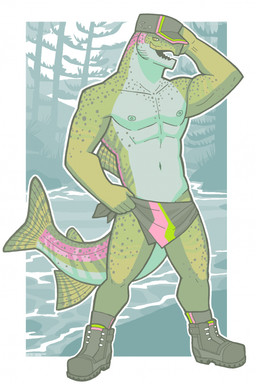 5_fingers adipose_fin anal_fin anthro areola biceps black_boots black_clothing black_footwear black_hat black_headwear black_sarong black_socks boots clothed clothed_anthro clothed_male clothing collarbone deltoids dorsal_fin evergreen_tree fin fingers fish_hook footwear forest gills green_body green_boots green_clothing green_eyes green_fin green_footwear green_hat green_headwear green_sarong green_scales green_socks grey_body grey_fin grey_scales grey_spots hand_behind_head hat headgear headwear hook humanoid_hands looking_aside male male_anthro markings multicolored_body multicolored_boots multicolored_clothing multicolored_footwear multicolored_hat multicolored_sarong multicolored_scales multicolored_socks muscular muscular_anthro muscular_male navel nipples non-mammal_nipples open_mouth outline outside pecs pink_body pink_boots pink_clothing pink_footwear pink_hat pink_headwear pink_sarong pink_scales pink_socks plant pupils river scales shoes snout socks solo spots spotted_body spotted_fin spotted_scales tail tail_fin teal_areola teal_body teal_nipples teal_scales teeth text topless topless_anthro topless_male tree two_tone_fin white_boots white_clothing white_footwear white_outline snarkysardine aquatic fish rainbow_trout salmonid_(fish) trout 2026 artist_name dated flat_colors hi_res