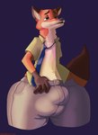 big_bulge bulge button_(fastener) clothing hyper male solo straining_buttons straining_clothing thick_thighs tight_clothing undressing jakiebean disney zootopia nick_wilde canid canine fox mammal red_fox true_fox absurd_res hi_res