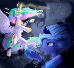 ambiguous_gender armor blue_eyes blue_hair bodily_fluids crown cutie_mark dramatic duo_focus feathered_wings feathers female feral group hair headgear horn multicolored_hair pink_eyes rainbow_hair tail tears white_body white_feathers wings magpie_(artist) friendship_is_magic hasbro my_little_pony mythology princess_celestia_(mlp) princess_luna_(mlp) equid equine mammal mythological_creature mythological_equine unicorn unknown_species winged_unicorn sibling_(lore) sister_(lore) sisters_(lore)