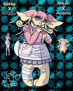 bandage bandaged_arm bandaged_leg big_ears blue_eyes clothing female nervous nurse_clothing pink_body solo tail go-two danganronpa danganronpa_2 nintendo pokemon spike_chunsoft mikan_tsumiki audino generation_5_pokemon human humanoid mammal pokemon_(species) absurd_res hi_res reference_image