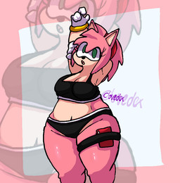 anthro big_butt black_clothing bra breasts butt clothed clothing electronics female gloves handwear looking_at_viewer partially_clothed phone pink_body ring_(sonic) solo sports_bra sports_panties sportswear stretching thick_thighs underwear clovedex sega sonic_the_hedgehog_(series) amy_rose