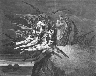 butt clothed clothing detailed_background flying fully_clothed group hell holding_object holding_weapon large_group male melee_weapon membrane_(anatomy) membranous_wings nude outside polearm side_view standing tail weapon wings gustave_dore divine_comedy inferno_(divine_comedy) dante_alighieri virgil_(dante's_inferno) demon human humanoid mammal winged_humanoid 1861 19th_century absurd_res ancient_art black_and_white engraving_(artwork) formal_art hatching_(art) hi_res monochrome shaded traditional_media_(artwork)