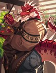 anthro apron beard big_butt bottomwear butt clothing denim denim_bottomwear denim_clothing facial_hair horn jeans male mature_male overweight overweight_male painter painting pants red_body red_scales scales solo sweater topwear yed lifewonders tokyo_afterschool_summoners itzamna_(tas) iguana iguanid lizard reptile scalie 2023 absurd_res hi_res