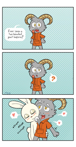 anthro blush bodily_fluids clothed clothing confusion cum cum_dripping_from_penis curved_horn dialogue duo ejaculation erection eyes_closed female fingers fur genital_fluids genitals grey_body grey_fur hair hand_on_hip heart_symbol horn humanoid_genitalia humanoid_penis humor jacket joke long_ears long_penis looking_at_viewer male male/female narrowed_eyes open_mouth oral orgasm orgasm_face penis question_mark sex shirt simple_background solo speech_bubble tail text tongue tongue_out topwear white_body yellow_eyes mr_harinezumi bolgogi bovid caprine goat lagomorph leporid mammal rabbit absurd_res comic digital_media_(artwork) english_text hi_res