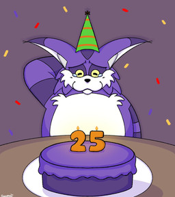 anthro birthday_cake bodily_fluids cake candle clothing confetti crying dessert food fur hat headgear headwear male party_hat purple_body purple_fur smile solo tears tears_of_joy snoopertbeagle sega sonic_the_hedgehog_(series) big_the_cat domestic_cat felid feline felis mammal