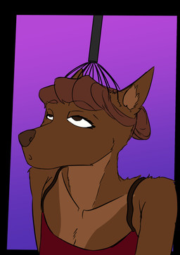 abstract_background anthro breasts brown_body brown_fur brown_hair brown_nose chest_tuft clothing collarbone ear_tuft ears_back female fur hair head_massager looking_pleasured narrowed_eyes open_mouth pivoted_ears raised_shoulders shirt solo tan_body tan_fur tank_top topwear tuft himynameis angie_(himynameis) canid canine mammal absurd_res clip_studio_paint_(artwork) digital_drawing_(artwork) digital_media_(artwork) hi_res