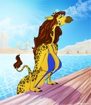 anthro big_breasts bikini blue_bikini blue_clothing blue_swimwear breasts brown_hair clothing eyes_closed female hair horn one-piece_swimsuit ossicone poolside raised_tail sling_bikini smile solo swimwear tail two-piece_swimsuit mazinga669 crosoe_(xial) giraffe giraffid mammal hi_res