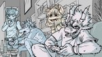 alcohol anthro battle beverage clothed clothing controller game_controller gaming group male male/male party playing_video_game nightowl mythology canid canine dragon felid feline mammal murid murine mythological_creature mythological_scalie rat rodent scalie 16:9 hi_res unfinished widescreen