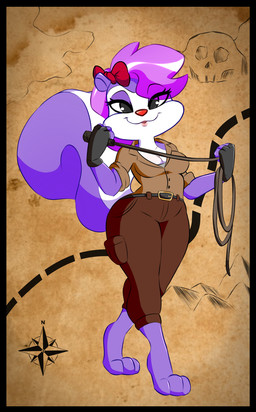 accessory anthro biped black_border border bottomwear bow_(feature) bow_ribbon breasts cleavage clothed clothing female hair_accessory hair_bow hair_ribbon map pants ribbons solo standing whip wide_hips hidden-cat tiny_toon_adventures warner_brothers fifi_la_fume mammal mephitid skunk striped_skunk hi_res