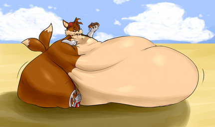 anthro belly big_belly blue_sky clothing food gloves handwear hot_dog huge_belly male morbidly_obese obese outside overweight sitting sky solo thick_thighs saphiros sega sonic_the_hedgehog_(series) miles_prower canid canine fox mammal 2014