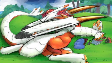 abdominal_bulge belly big_belly day erection eyes_closed genitals long_ears lying male navel on_side orange_belly outside penis plant sharp_teeth tail teeth thick_tail tree vore white_body raster_dreams mythology dragon mythological_creature mythological_scalie scalie 16:9 2025 digital_drawing_(artwork) digital_media_(artwork) hi_res widescreen