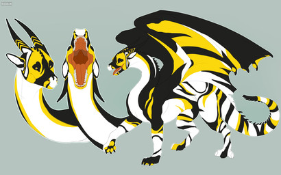ambiguous_feral ambiguous_gender black_body black_eyes black_wings digitigrade feral grey_background horn markings membrane_(anatomy) membranous_wings mouth_shot open_mouth pupils quadruped red_tongue side_view simple_background solo striped_horn striped_legs striped_markings striped_tail stripes tail tail_markings text thick_tail tongue white_body wings yellow_body yellow_pupils yellow_wings roobin european_mythology mythology dragon mythological_creature mythological_scalie scalie western_dragon artist_name hi_res model_sheet