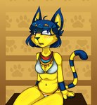 anthro bikini blue_eyes blue_hair bodily_fluids clothing egyptian egyptian_clothing female fur hair markings navel navel_piercing piercing sitting solo striped_markings striped_tail stripes sweat sweatdrop swimwear tail tail_markings two-piece_swimsuit usekh yellow_body yellow_fur paul_0w0 animal_crossing nintendo ankha_(animal_crossing) domestic_cat felid feline felis mammal absurd_res hi_res