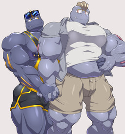 anthro barazoku biceps bulge clothed clothing deltoids duo eyewear forearm_muscles glasses hand_holding male married_couple muscular muscular_anthro muscular_male nipple_outline nipple_piercing nipple_stud nipples pecs piercing quads smile stocky stubble sunglasses maldu nintendo pokemon flint_steel ryuji_kaiyo generation_1_pokemon machoke pokemon_(species) hi_res