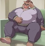 anthro blush bodily_fluids bottomwear brown_body brown_fur bulge clothing feet fur furniture humanoid_hands inside kemono male overweight overweight_male pants sitting sofa solo sweat 00murice mammal suid suina sus_(pig) wild_boar 2021