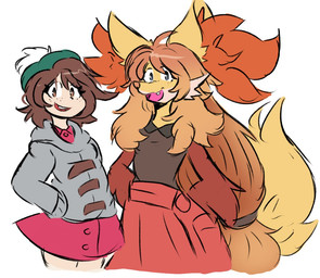 accessory alternate_species anthro blonde_hair bottomwear brown_hair clothed clothing comparison duo female freckles fur furrification hair hair_accessory hairband hat headgear headwear inner_ear_fluff like_button long_hair miniskirt open_mouth red_body red_fur scut_tail short_tail simple_background skirt smile tail teeth tuft white_background yellow_body yellow_fur dapuffster nintendo pokemon gloria_(pokemon) serena_(pokemon) canid canine delphox generation_6_pokemon human mammal pokemon_(species) alternate_version_at_source
